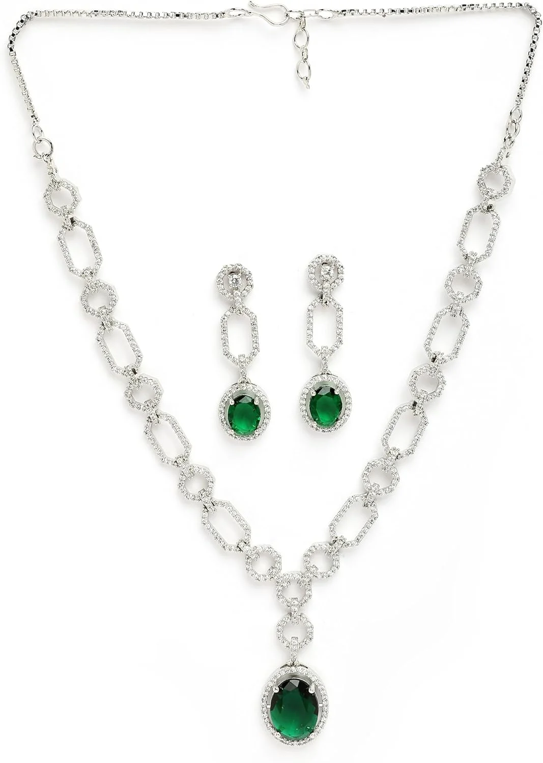 ست جواهرات زنانه شامل گردنبند و گوشواره با روکش رودیوم، طرح نقره ای، نگین های اتمی سبز رنگ و جزئیات مدرن از برند زنم ست جواهرات زنانه شامل گردنبند و گوشواره با روکش رودیوم، طرح نقره ای، نگین های اتمی سبز رنگ و جزئیات مدرن از برند زنم