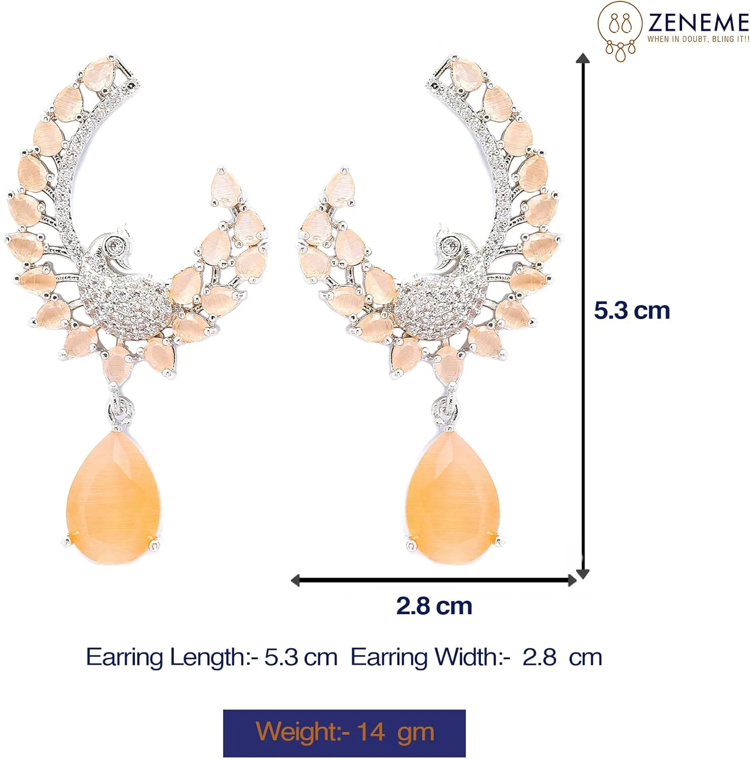 گوشواره های آویز طرح طاووس و پر نگین اتمی روکش رودیوم زنانه و دخترانه (نارنجی) از برند زنم گوشواره های آویز طرح طاووس و پر نگین اتمی روکش رودیوم زنانه و دخترانه (نارنجی) از برند زنم