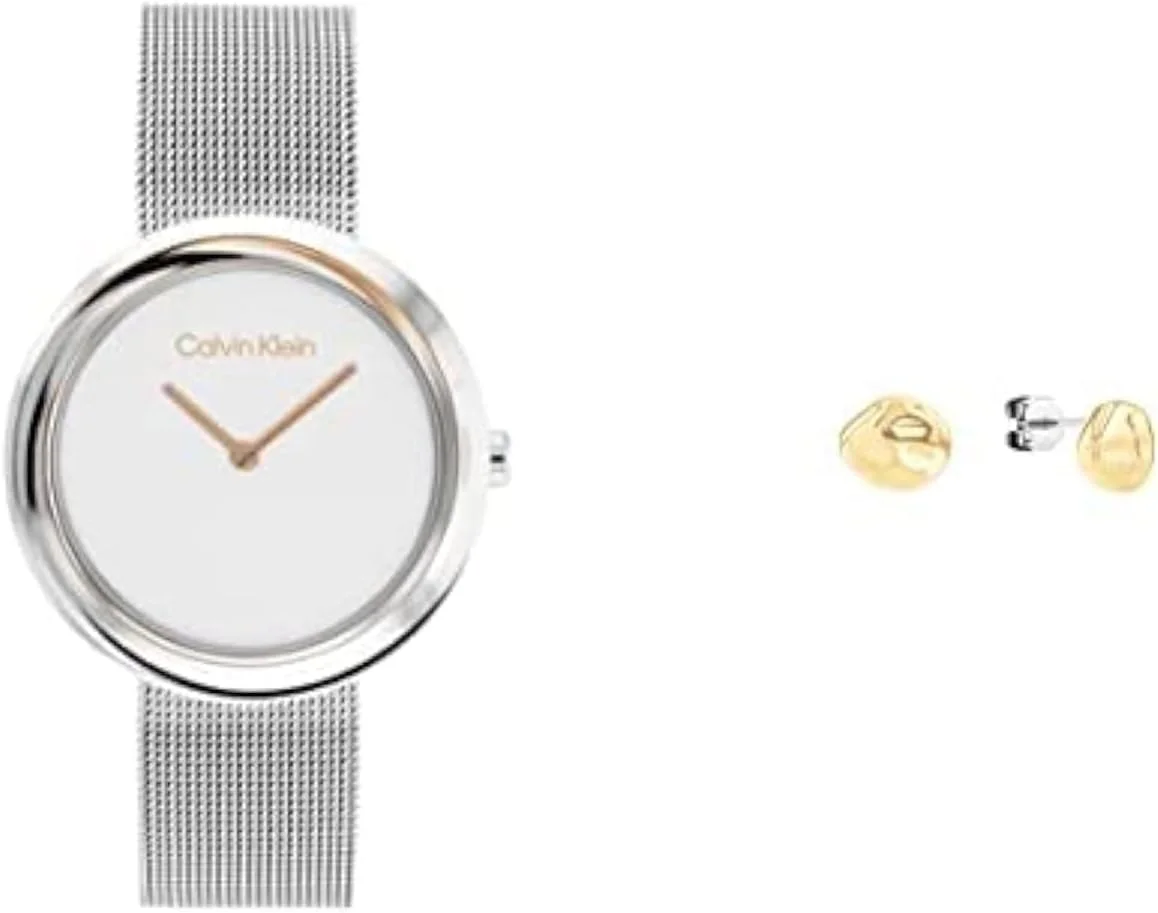 ساعت مچی زنانه کلوین کلاین با صفحه سفید و قاب پیچ خورده، بند استیل + گوشواره میخی زنانه کلوین کلاین مدل Molten Pebble