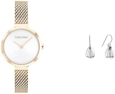 ساعت مچی زنانه کلوین کلاین مدل Minimalistic T Bar 28Mm با بند حصیری، صفحه نقره‌ای سفید و روکش طلایی میخکی + گوشواره زنانه کلوین کلاین مدل Sculptured Drops