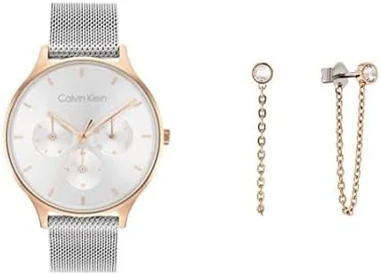 ساعت مچی زنانه کلوین کلاین Timeless Mesh Mf با صفحه نقره ای سفید و بند استیل ضد زنگ + گوشواره زنانه کلوین کلاین Linked