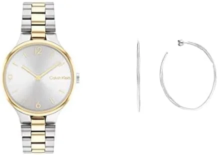 دستبند متصل کلوین کلاین 32 میلی متری زنانه صفحه نقره ای، ساعت استیل دو رنگ + حلقه گوشواره زنانه کلوین کلاین مدل Molten Pebble