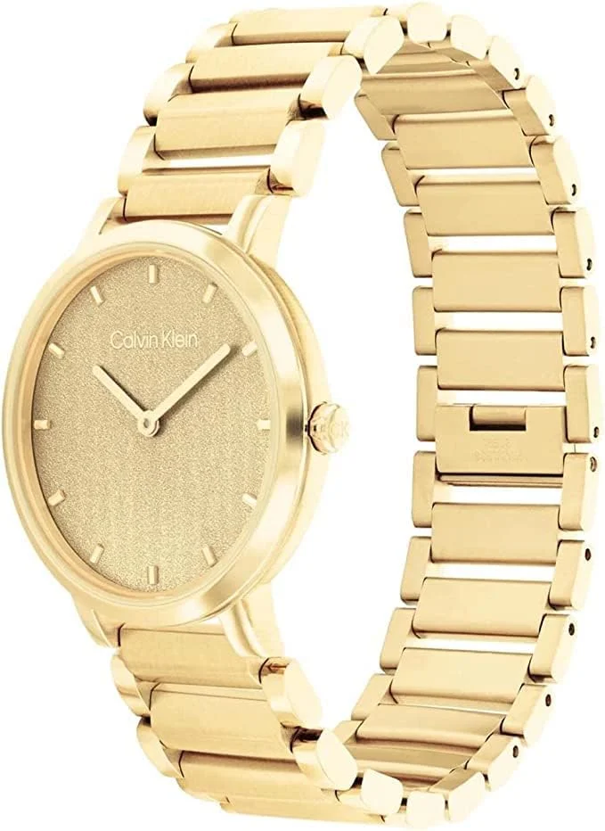 ساعت مچی زنانه کلوین کلاین مدل Open Link با صفحه طلایی آنالوگ - 25200086، طلایی + گوشواره زنانه کلوین کلاین مدل Linked