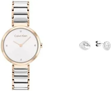 ساعت مچی زنانه کلوین کلاین مدل Minimalistic T Bar 28Mm با صفحه نقره ای سفید و بند استیل دو رنگ + گوشواره میخی زنانه کلوین کلاین مدل Molten Pebble