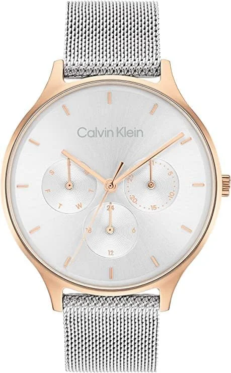 ساعت مچی زنانه کلوین کلاین Timeless Mesh Mf با صفحه نقره ای سفید و بند استیل ضد زنگ + گوشواره زنانه کلوین کلاین Linked