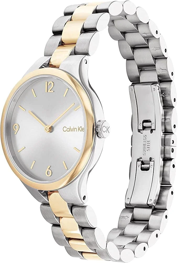 دستبند متصل کلوین کلاین 32 میلی متری زنانه صفحه نقره ای، ساعت استیل دو رنگ + حلقه گوشواره زنانه کلوین کلاین مدل Molten Pebble