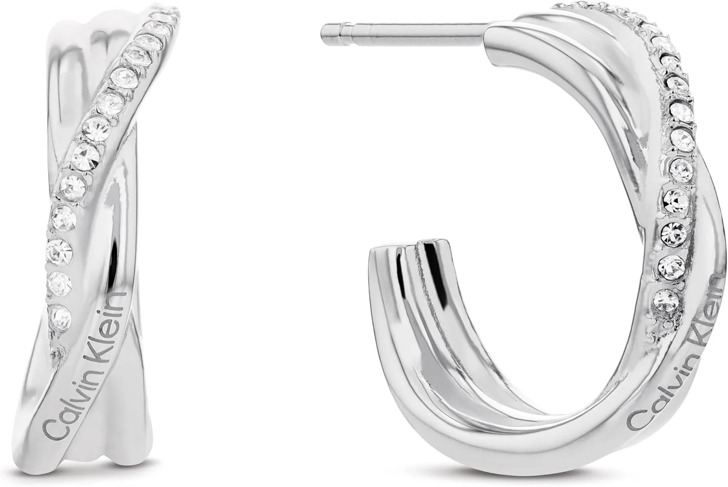 گوشواره حلقه ای استیل بافت کریستالی Calvin Klein، مناسب بانوان، دارای قفل میخی، زیورآلات زنانه