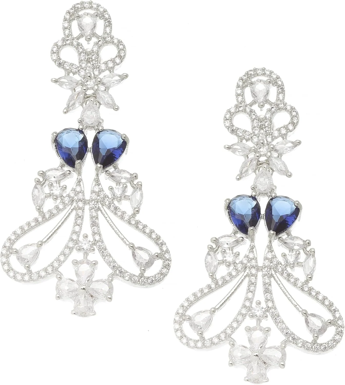 گوشواره های آویز طرح بته جقه نگین دار با روکش رودیوم و الماس آمریکایی زنانه و دخترانه (سرمه ای و سفید)