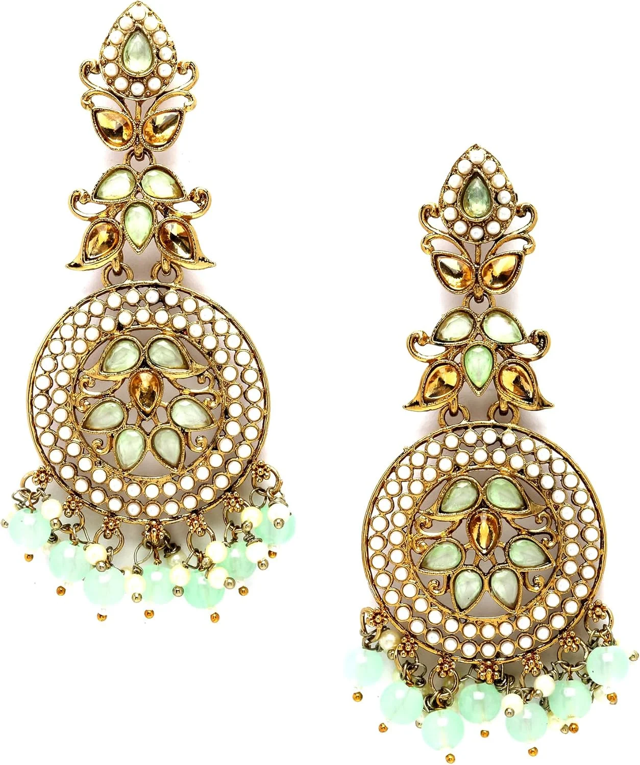 گوشواره های آویز کلاسیک عتیقه نگین کاری شده با نگین های کندان و مروارید با روکش طلا