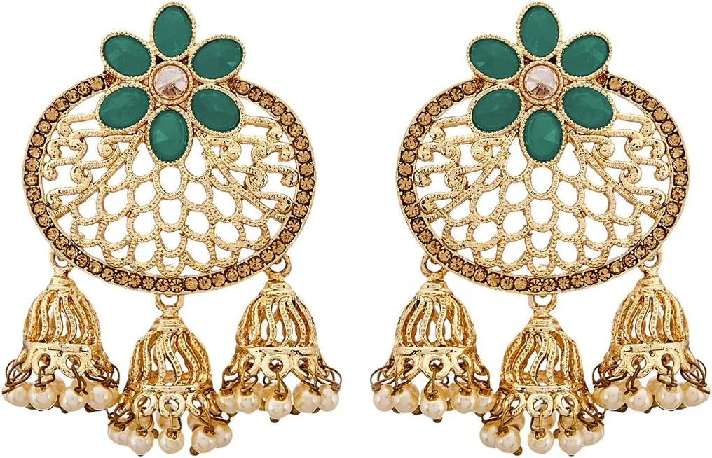 گوشواره زنانه Zeneme، فلزی با روکش طلایی، طرح بیضی، آویز نگین اتمی و مروارید، مدل جومکا، جواهرات زنانه و دخترانه، سبز