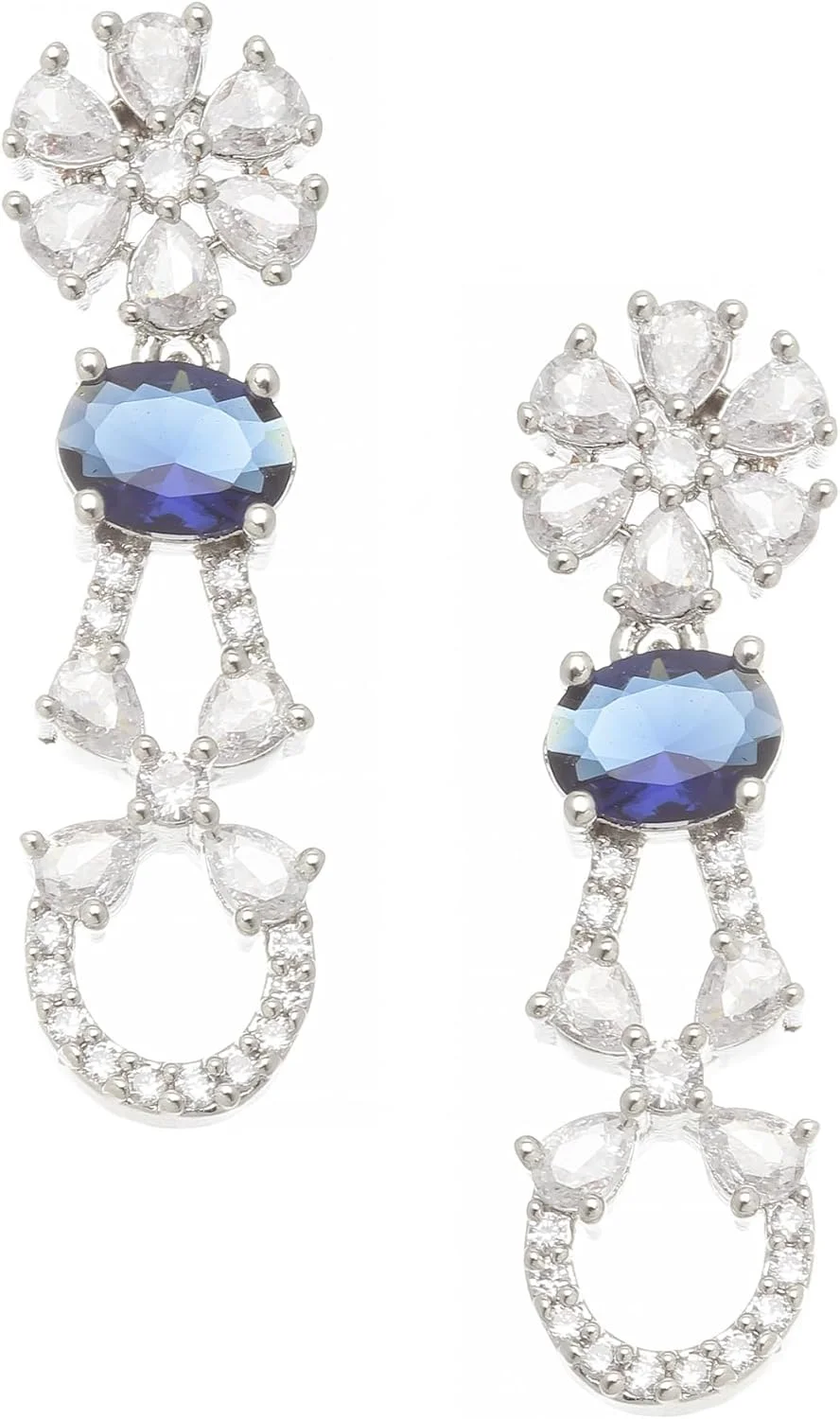 گوشواره های آویز طرح گل نگین دار با روکش رودیوم ZENEME، مناسب دختران و زنان (آبی سرمه ای)