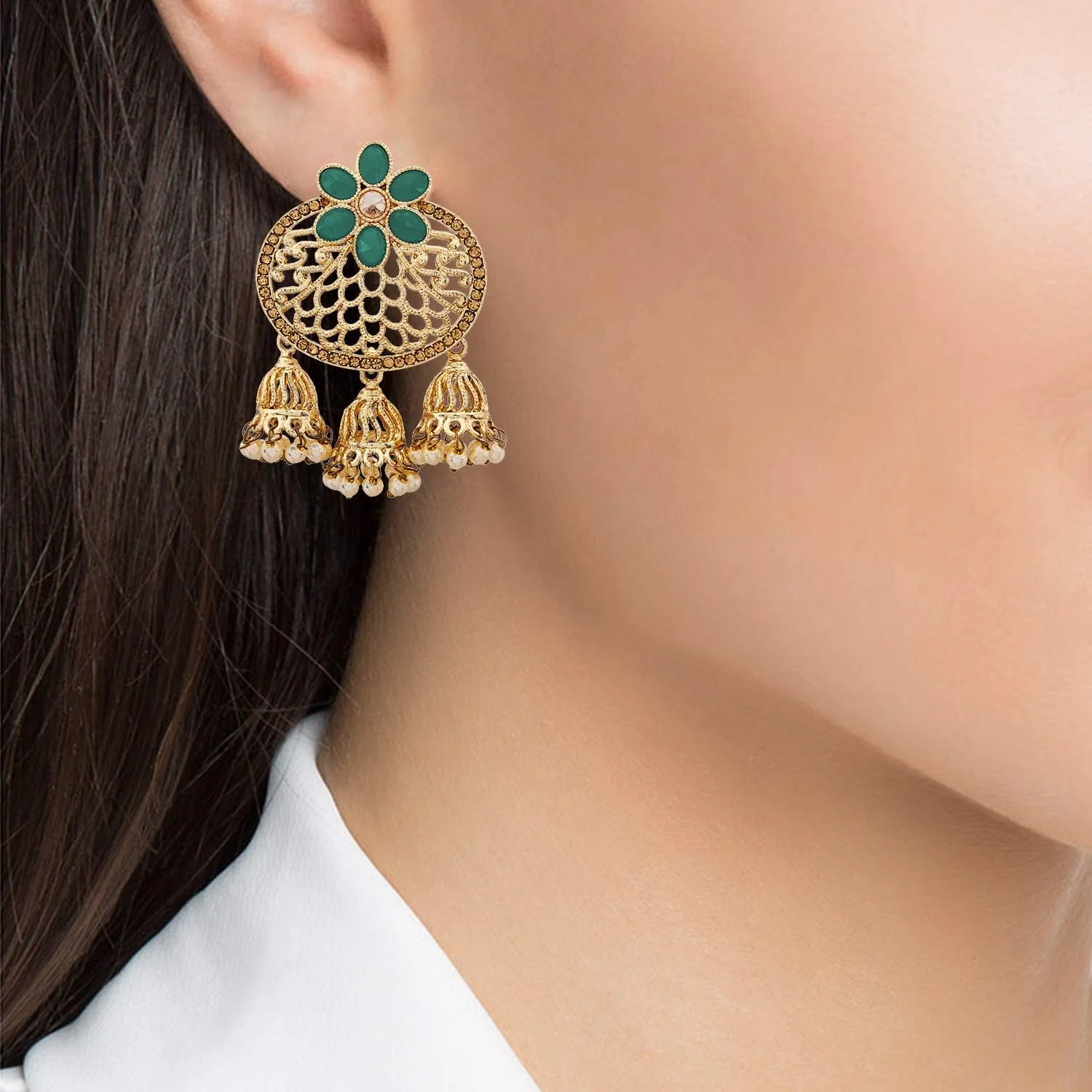 گوشواره زنانه Zeneme، فلزی با روکش طلایی، طرح بیضی، آویز نگین اتمی و مروارید، مدل جومکا، جواهرات زنانه و دخترانه، سبز گوشواره زنانه Zeneme، فلزی با روکش طلایی، طرح بیضی، آویز نگین اتمی و مروارید، مدل جومکا، جواهرات زنانه و دخترانه، سبز