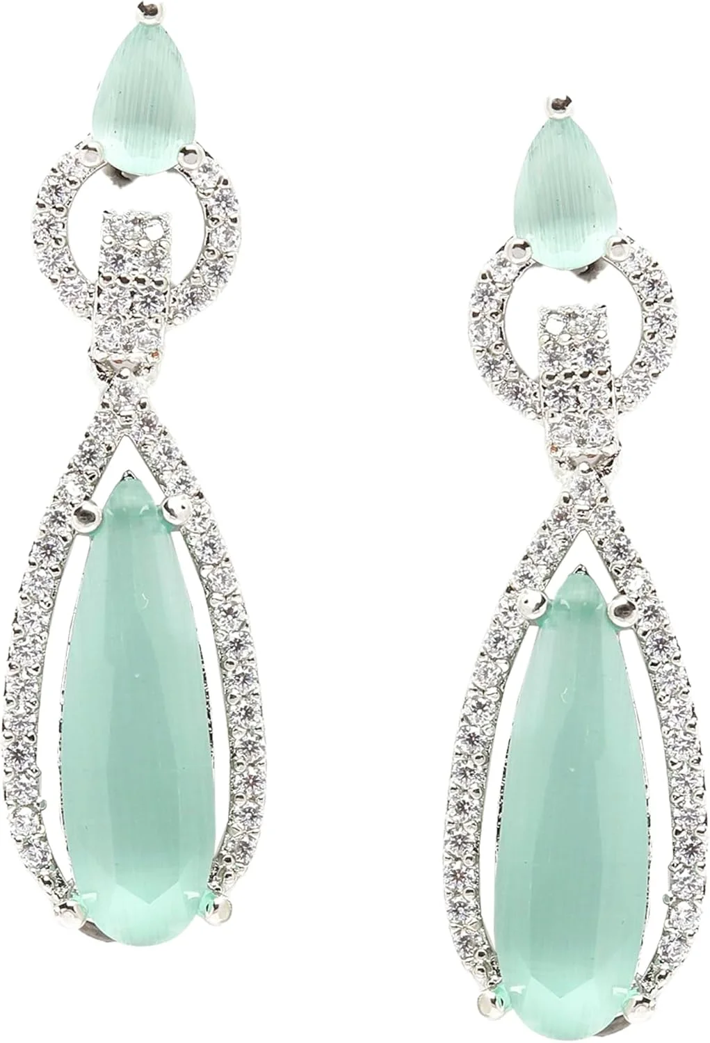 گوشواره های آویز بلند طرح اشک نگین دار روکش رودیوم زنانه و دخترانه (سبز دریایی)