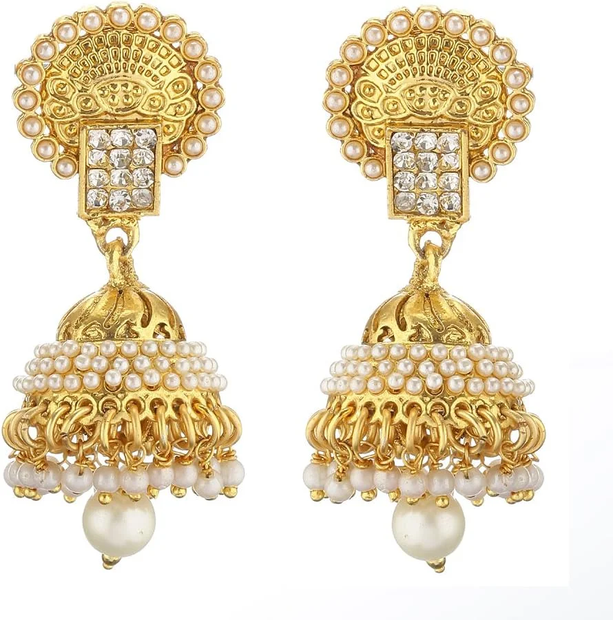 گوشواره های جومکی مرواریدی آبکاری شده طلایی شیک و مد روز زنانه و دخترانه Zeneme