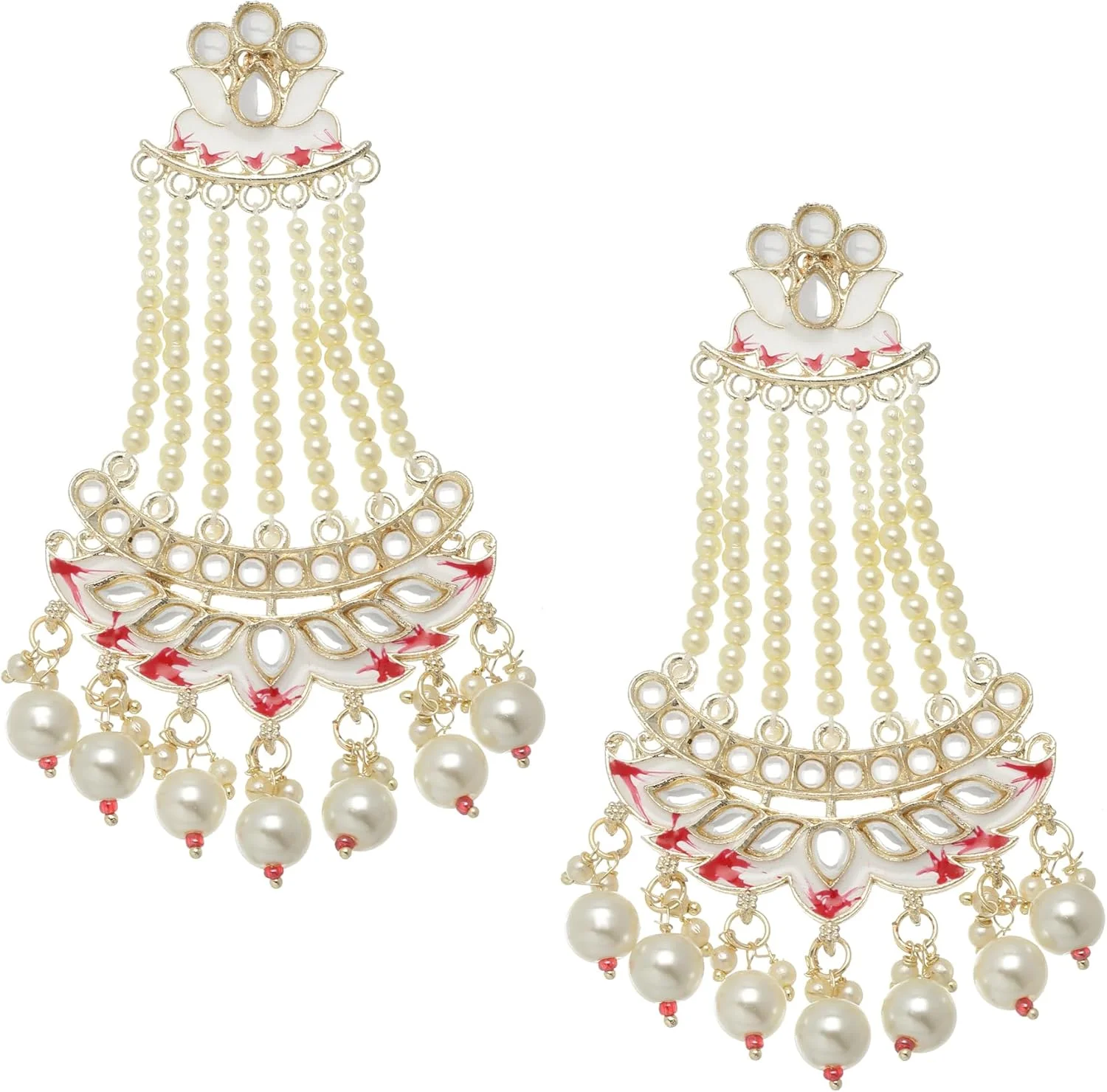 گوشواره های آویز دست ساز زنانه و دخترانه ZENEME با روکش طلایی، مروارید سفید و طرح گل میناکاری شده (سفید)، سایز آزاد، آلیاژ، مروارید