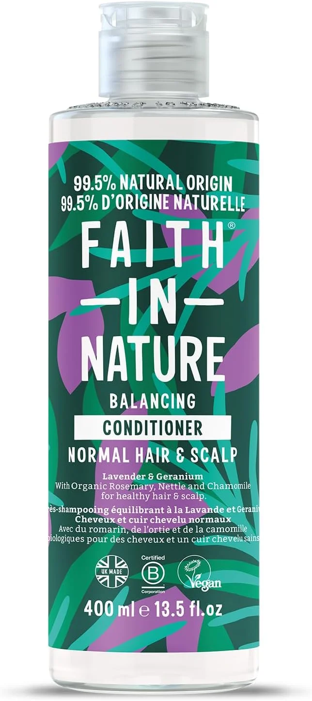 نرم کننده موی طبیعی اسطوخودوس و شمعدانی Faith In Nature، تسکین دهنده، وگان و بدون تست حیوانی، بدون SLS یا پارابن، مناسب برای انواع مو، 400 میلی لیتر