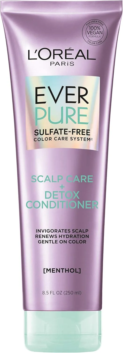 لورآل پاریس (نرم کننده) - نرم کننده فاقد سولفات EverPure Scalp Care + Detox برای موهای رنگ شده، شاداب کننده پوست سر و احیا کننده رطوبت، منتول و عصاره برگ چریش، 251 میلی لیتر
