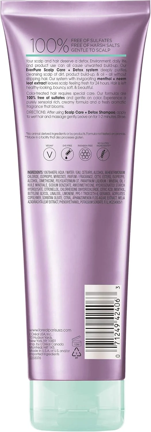 لورآل پاریس (نرم کننده) - نرم کننده فاقد سولفات EverPure Scalp Care + Detox برای موهای رنگ شده، شاداب کننده پوست سر و احیا کننده رطوبت، منتول و عصاره برگ چریش، 251 میلی لیتر لورآل پاریس (نرم کننده) - نرم کننده فاقد سولفات EverPure Scalp Care + Detox برای موهای رنگ شده، شاداب کننده پوست سر و احیا کننده رطوبت، منتول و عصاره برگ چریش، 251 میلی لیتر