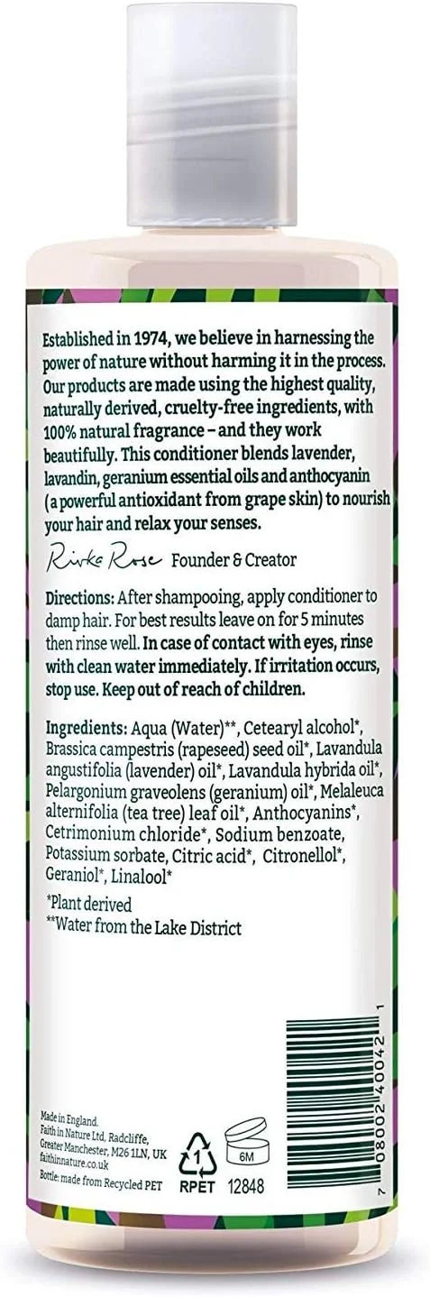 فیث این نیچر | 400 میلی لیتر | نرم کننده مغذی | اسطوخودوس و شمعدانی برای موهای معمولی/خشک | 99% منشاء طبیعی | بدون SLS یا پارابن | وگان و بدون تست حیوانی