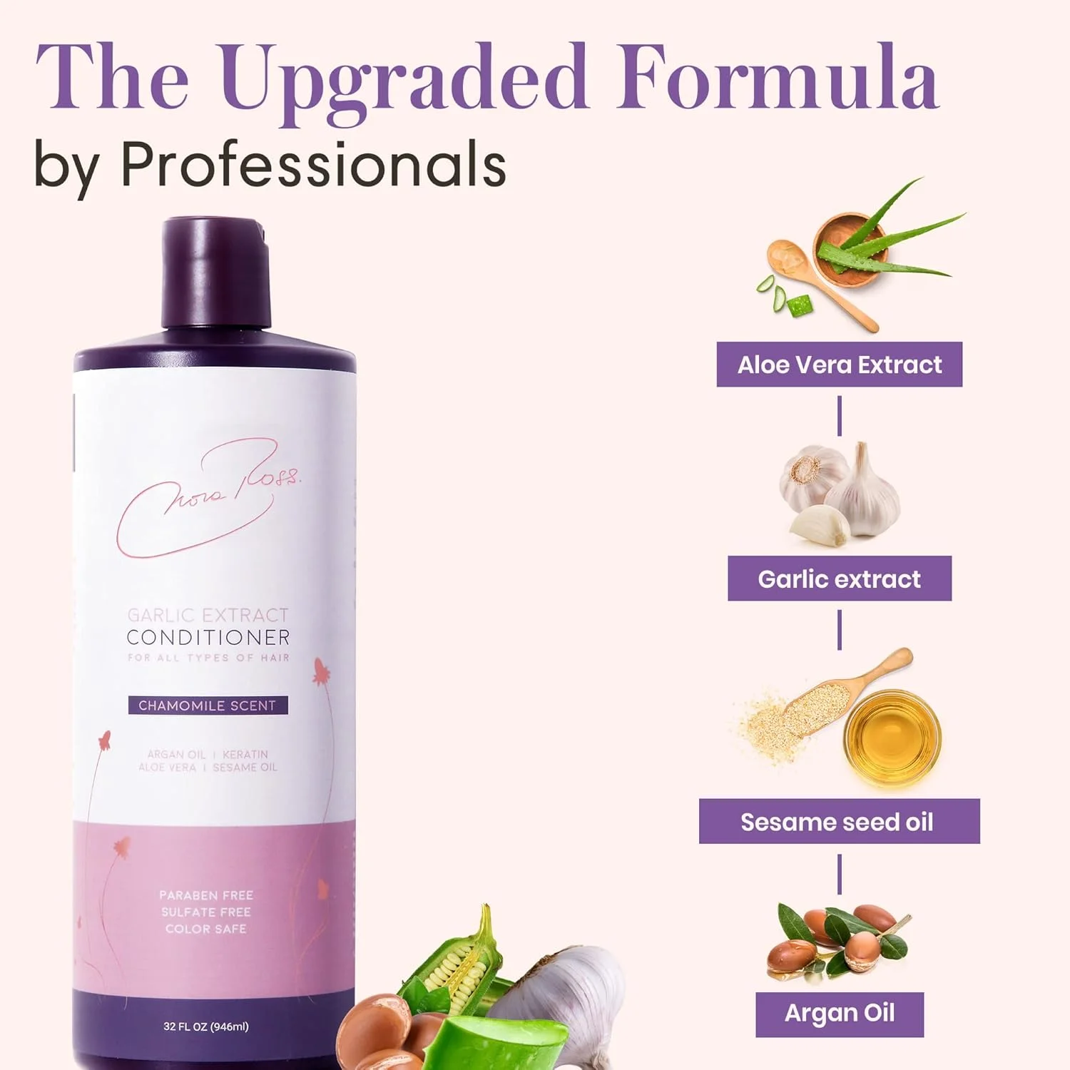 نرم کننده موی سر حاوی عصاره سیر، روغن آرگان، آلوئه ورا و رایحه بابونه نورا راس - آبرسانی و تغذیه عمیق برای موهای صاف و درخشان - فاقد سولفات و مناسب موهای رنگ شده - 946 میلی لیتر