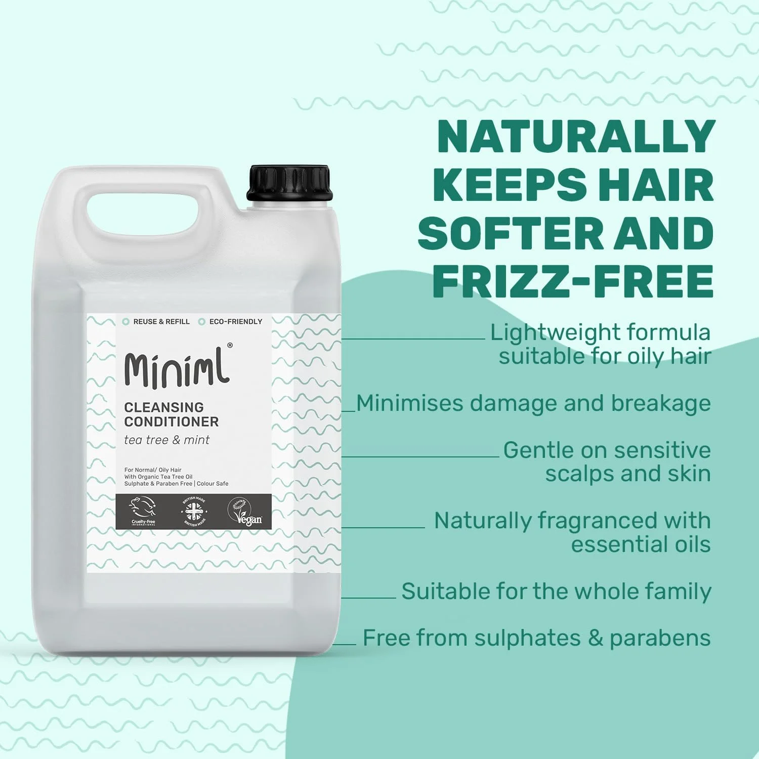 نرم کننده موی طبیعی مینیمال سازگار با محیط زیست - حجم 5 لیتر با رایحه درخت چای و نعناع مناسب آقایان و بانوان، پوست و موی سر حساس، فرمولاسیون وگان بدون تست حیوانی - مناسب موهای چرب، فر و خشک نرم کننده موی طبیعی مینیمال سازگار با محیط زیست - حجم 5 لیتر با رایحه درخت چای و نعناع مناسب آقایان و بانوان، پوست و موی سر حساس، فرمولاسیون وگان بدون تست حیوانی - مناسب موهای چرب، فر و خشک