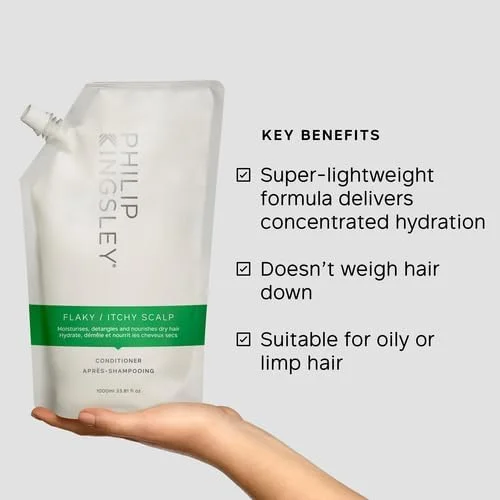 نرم کننده مو و پوست سر خشک و خارش دار فیلیپ کینگزلی، نرم کننده ضد شوره برای پوست سر خشک، خارش دار، چرب و یا پوسته پوسته، مراقبت پاک کننده پوست سر، آبرسان، تسکین دهنده و باز کننده گره مو، کیسه پرکننده 1000 میلی لیتری