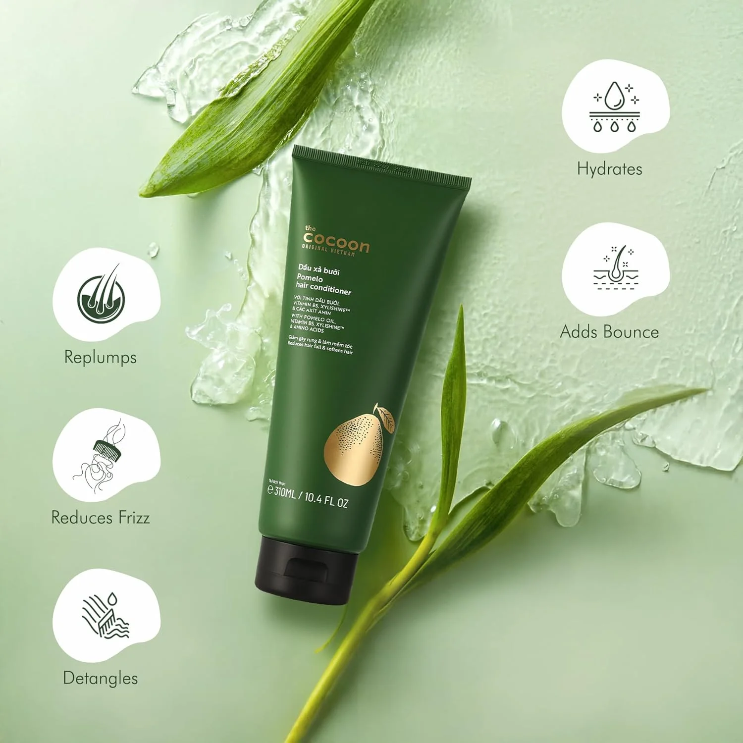 نرم کننده مو پوملو - ضد ریزش مو و کنترل وز - نرم کننده گیاهی مرطوب کننده عمیق برای موهای نازک، خشک و آسیب دیده - بدون پارابن، بدون سولفات، فرمول سبک - 310 میلی لیتر