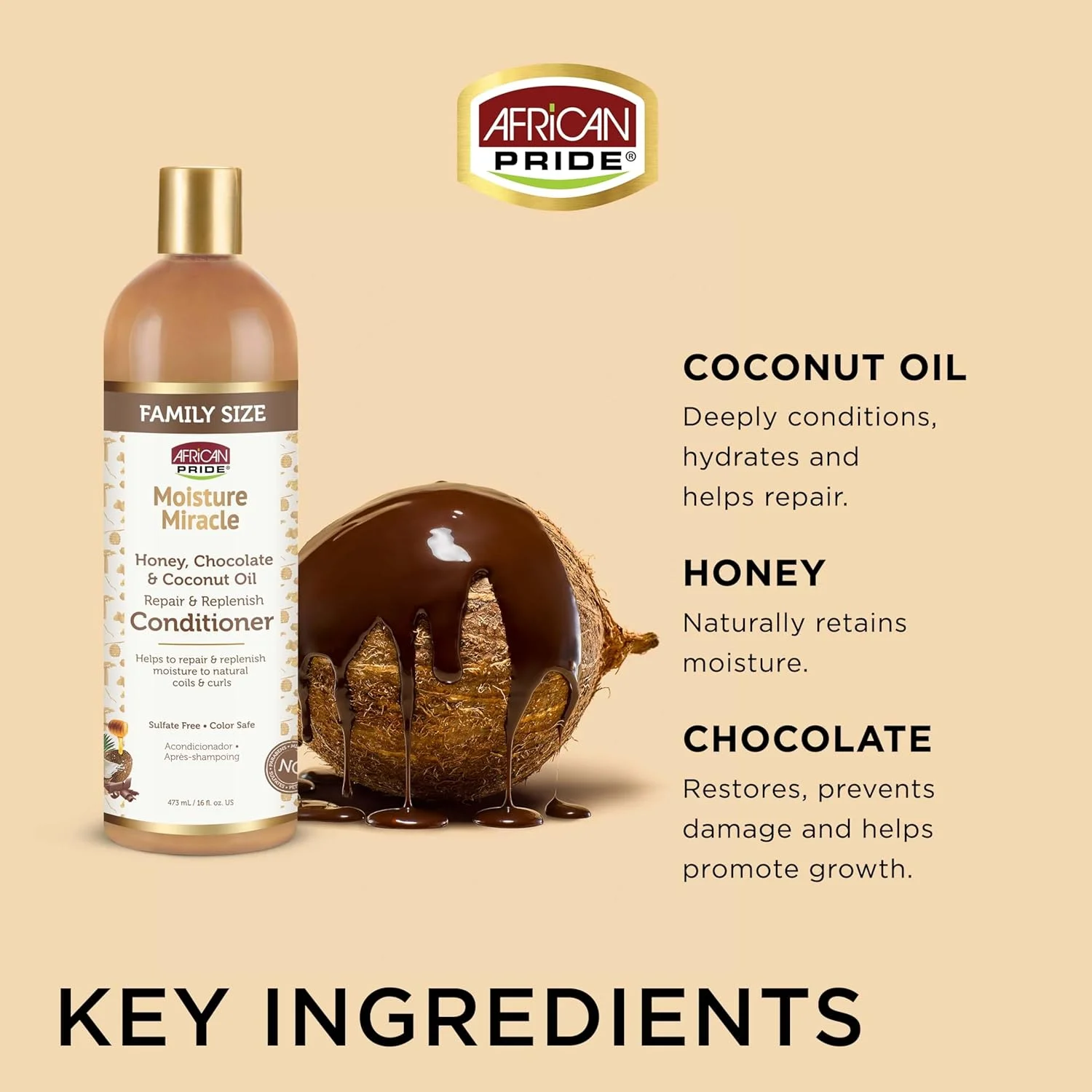 نرم کننده مو روغن نارگیل، شکلات و عسل آفریکن پراید میراکل مرطوب کننده - کمک به ترمیم و بازگرداندن رطوبت به فر و مجعدی طبیعی مو، تغذیه و احیا کننده، بدون سولفات، محافظ رنگ مو، 473 میلی لیتر نرم کننده مو روغن نارگیل، شکلات و عسل آفریکن پراید میراکل مرطوب کننده - کمک به ترمیم و بازگرداندن رطوبت به فر و مجعدی طبیعی مو، تغذیه و احیا کننده، بدون سولفات، محافظ رنگ مو، 473 میلی لیتر
