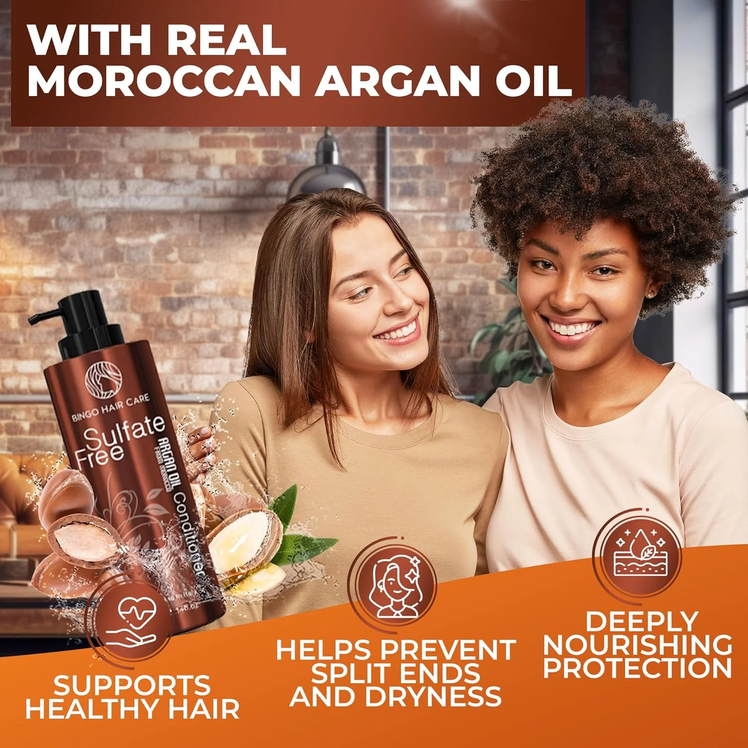نرم کننده مو روغن آرگان مراکشی بدون سولفات BINGO HAIR CARE - بهترین برای موهای آسیب دیده، خشک، مجعد یا وز - ضخیم کننده برای موهای نازک/کم پشت، ایمن برای موهای رنگ شده، کراتینه شده، لاین حرفه ای