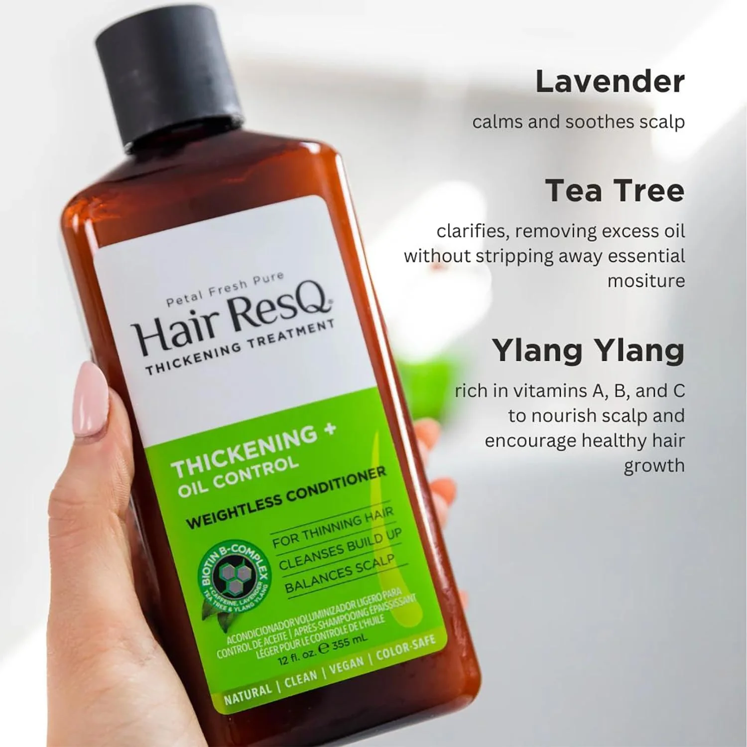 نرم کننده مو پتال فرش Pure Hair ResQ، کنترل چربی و حجم دهنده موهای نازک | حاوی اسطوخودوس و درخت چای ارگانیک | وگان، بدون تست حیوانی و ایمن برای موهای رنگ شده | 355 میلی لیتر