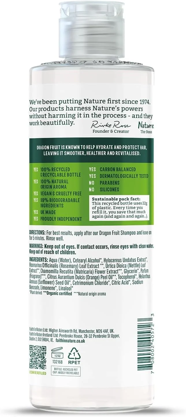Faith in Nature | 400 میلی لیتر | نرم کننده احیا کننده | میوه اژدها برای مو و پوست سر چرب | 99.5% منشاء طبیعی | حاوی رزماری ارگانیک، گزنه و بابونه | وگان و بدون تست حیوانی