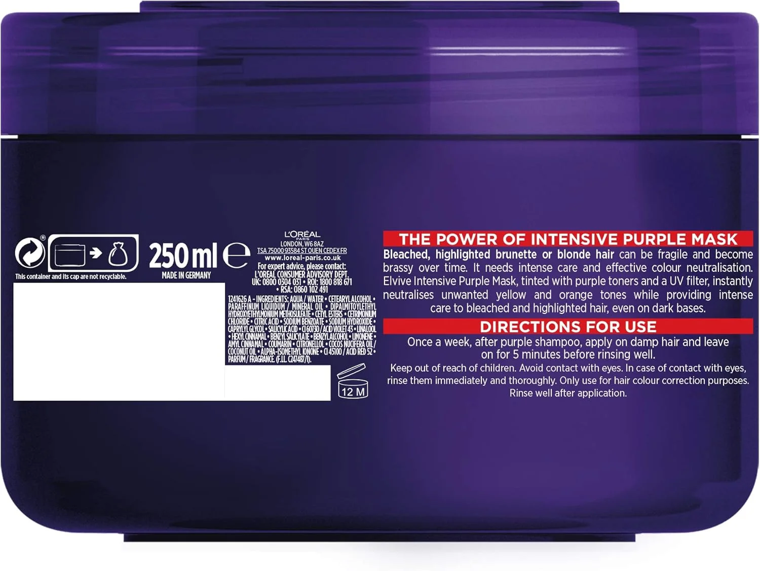 ماسک مو بنفش ضد زردی لورآل پاریس Elvive Colour Protect، 250 میلی لیتر ماسک مو بنفش ضد زردی لورآل پاریس Elvive Colour Protect، 250 میلی لیتر