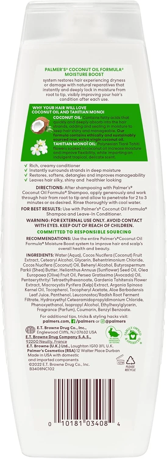 نرم کننده موی روغن نارگیل Palmer's، حاوی منوی تاهیتی | ترمیم موهای خشک، آسیب دیده و رنگ شده | باز کننده گره فوری و تغذیه کننده و حفظ رطوبت و نرمی مو | بدون پارابن، گلوتن و رنگ | 400 میلی لیتر نرم کننده موی روغن نارگیل Palmer's، حاوی منوی تاهیتی | ترمیم موهای خشک، آسیب دیده و رنگ شده | باز کننده گره فوری و تغذیه کننده و حفظ رطوبت و نرمی مو | بدون پارابن، گلوتن و رنگ | 400 میلی لیتر