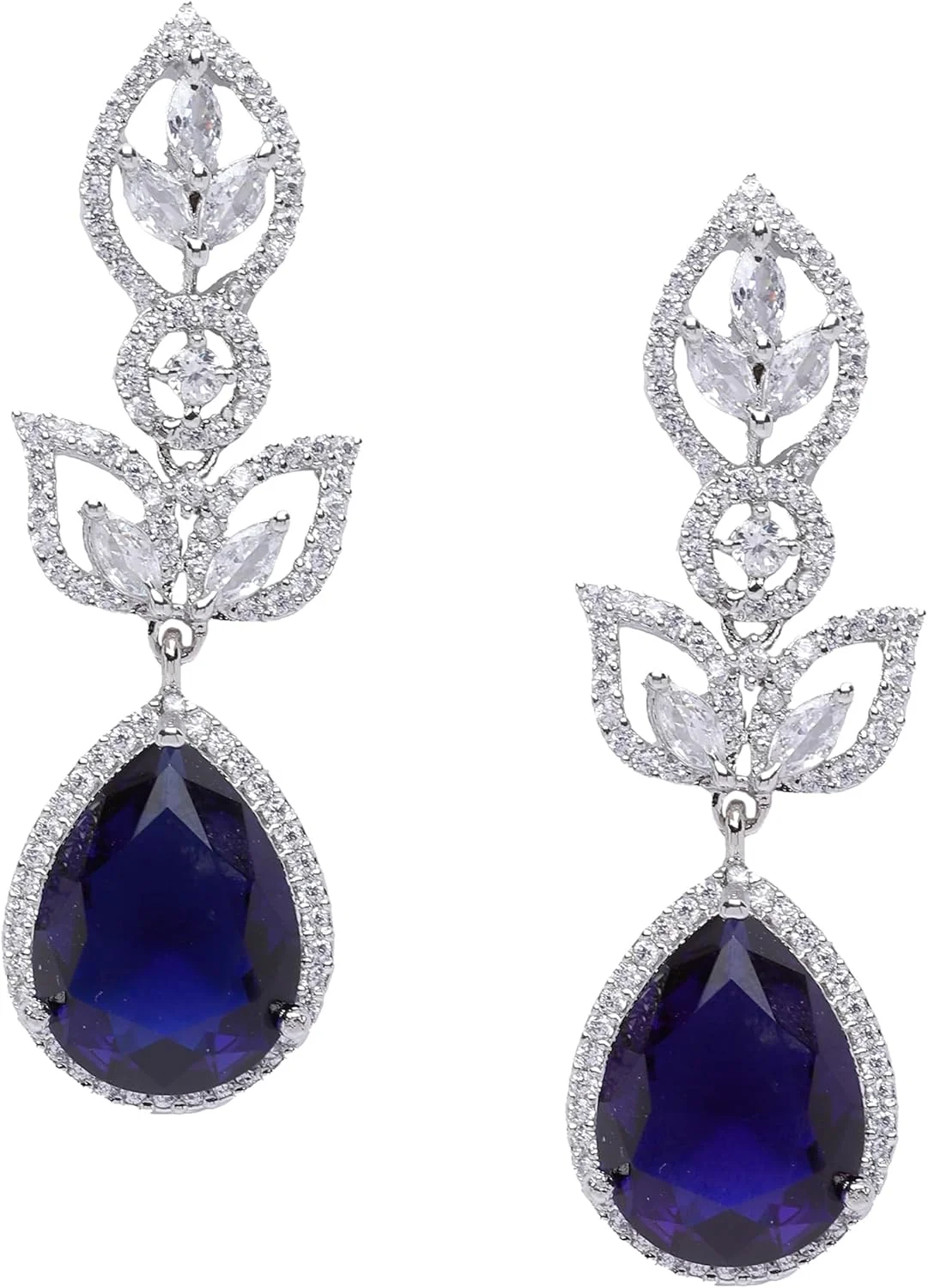 گوشواره های آویز دست ساز زنانه و دخترانه زنم مدل اشکی و برگی نگین دار با روکش رودیوم و الماس آمریکایی (آبی سرمه ای)، سایز آزاد، برنج، الماس آمریکایی