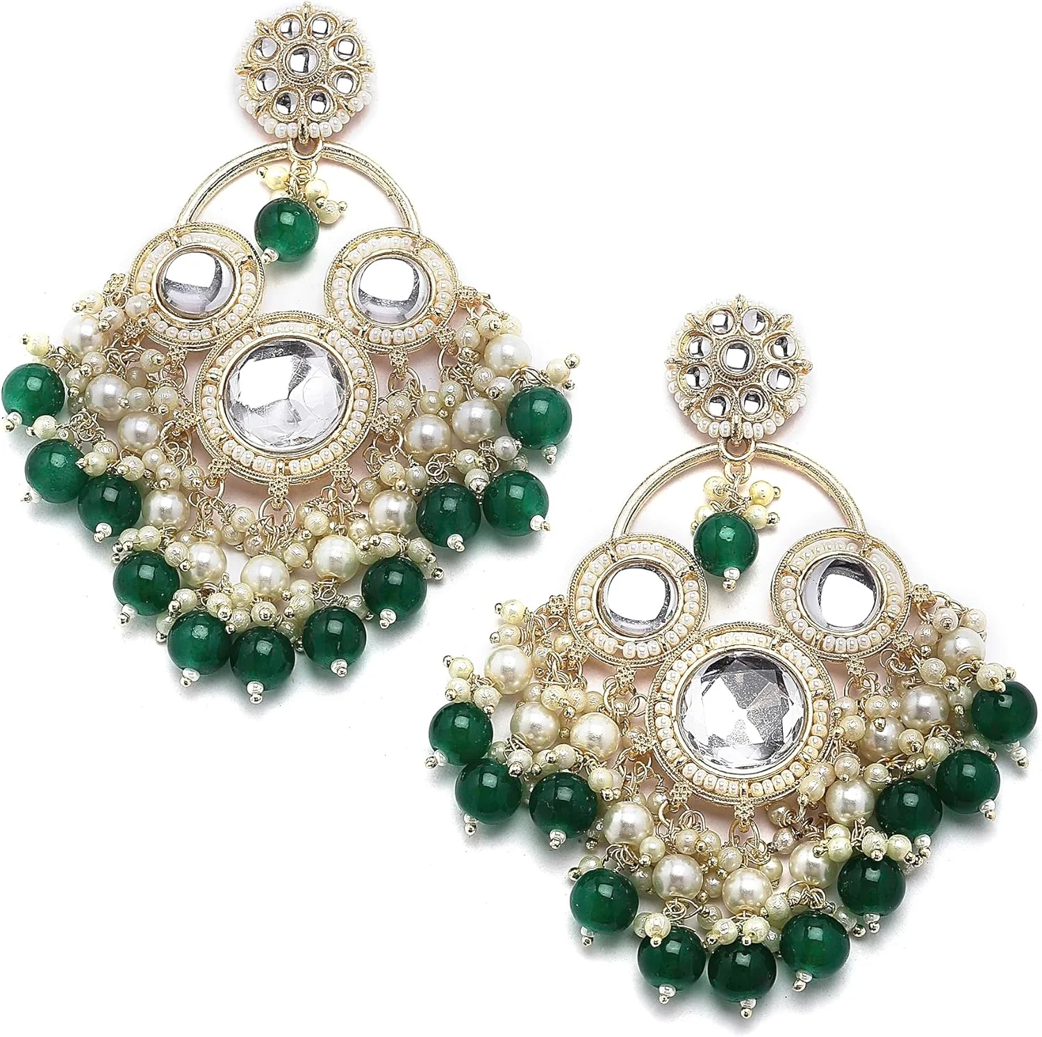 گوشواره های آویز منگوله دار طرح گل نگین کاری شده با نگین های Kundan و مروارید روکش طلایی ZENEME مناسب دختران و زنان