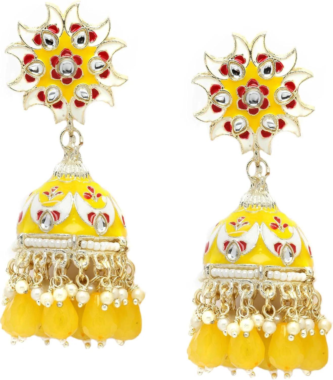 گوشواره های جومکا با روکش طلا، مزین به نگین های کندن و مروارید، طرح هلالی و نقاشی شده با دست