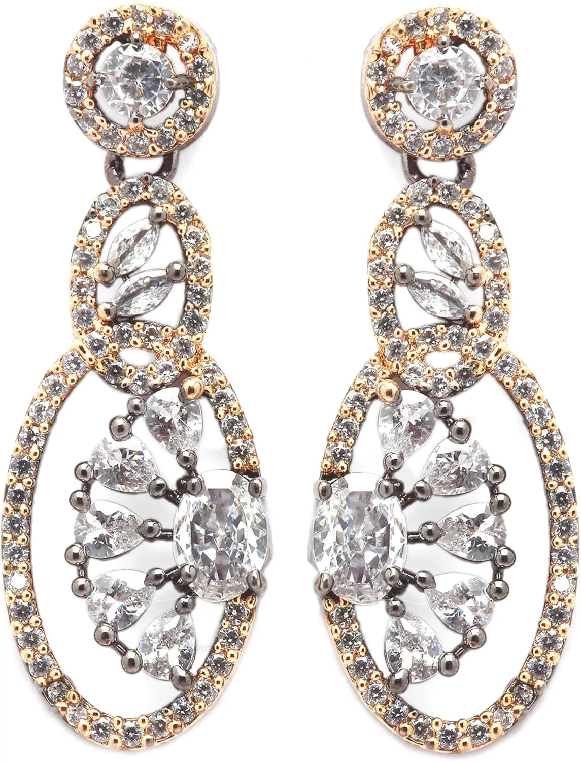 گوشواره های آویز بیضی شکل و خاص نگین دار با روکش رودیوم و الماس آمریکایی زنانه و دخترانه ZENEME