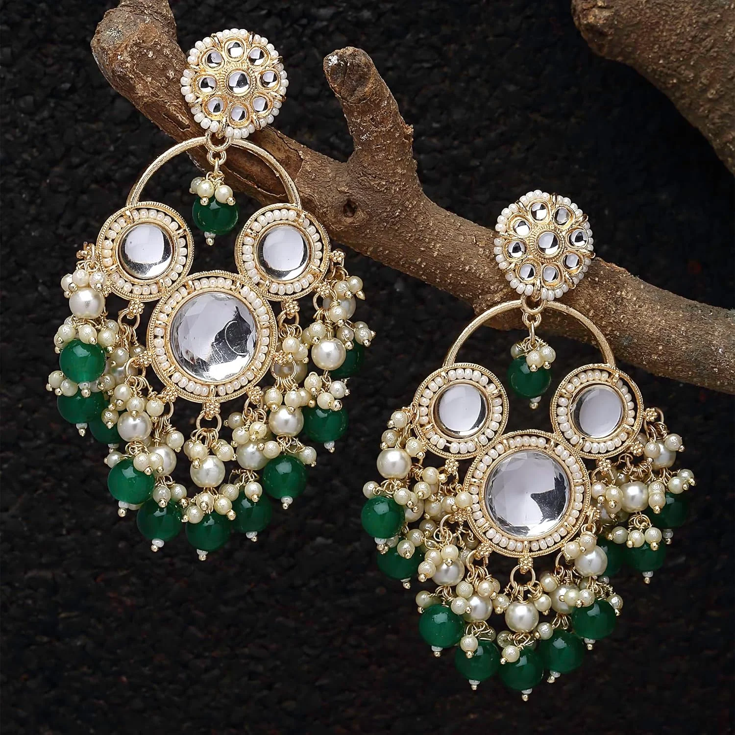 گوشواره های آویز منگوله دار طرح گل نگین کاری شده با نگین های Kundan و مروارید روکش طلایی ZENEME مناسب دختران و زنان