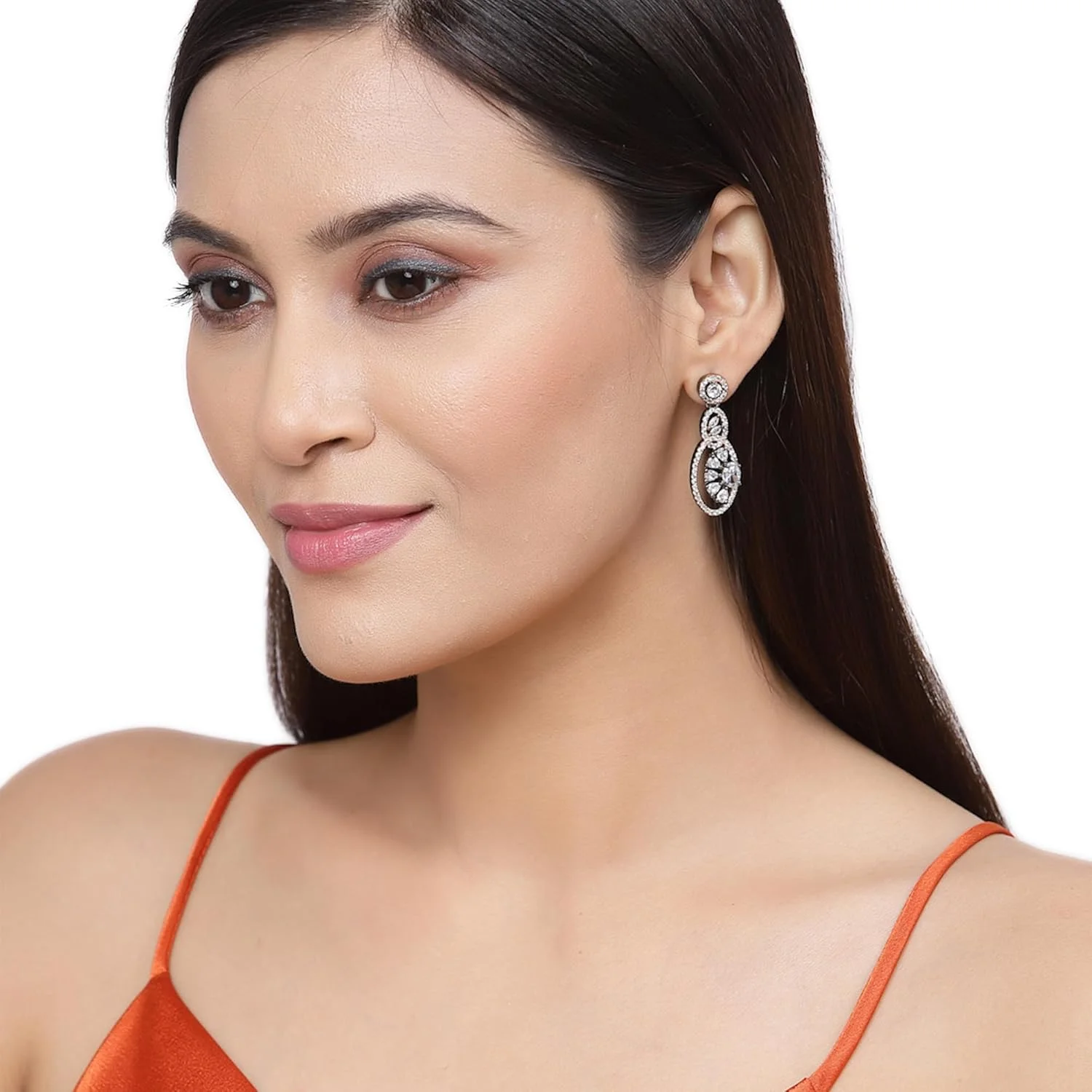 گوشواره های آویز بیضی شکل و خاص نگین دار با روکش رودیوم و الماس آمریکایی زنانه و دخترانه ZENEME