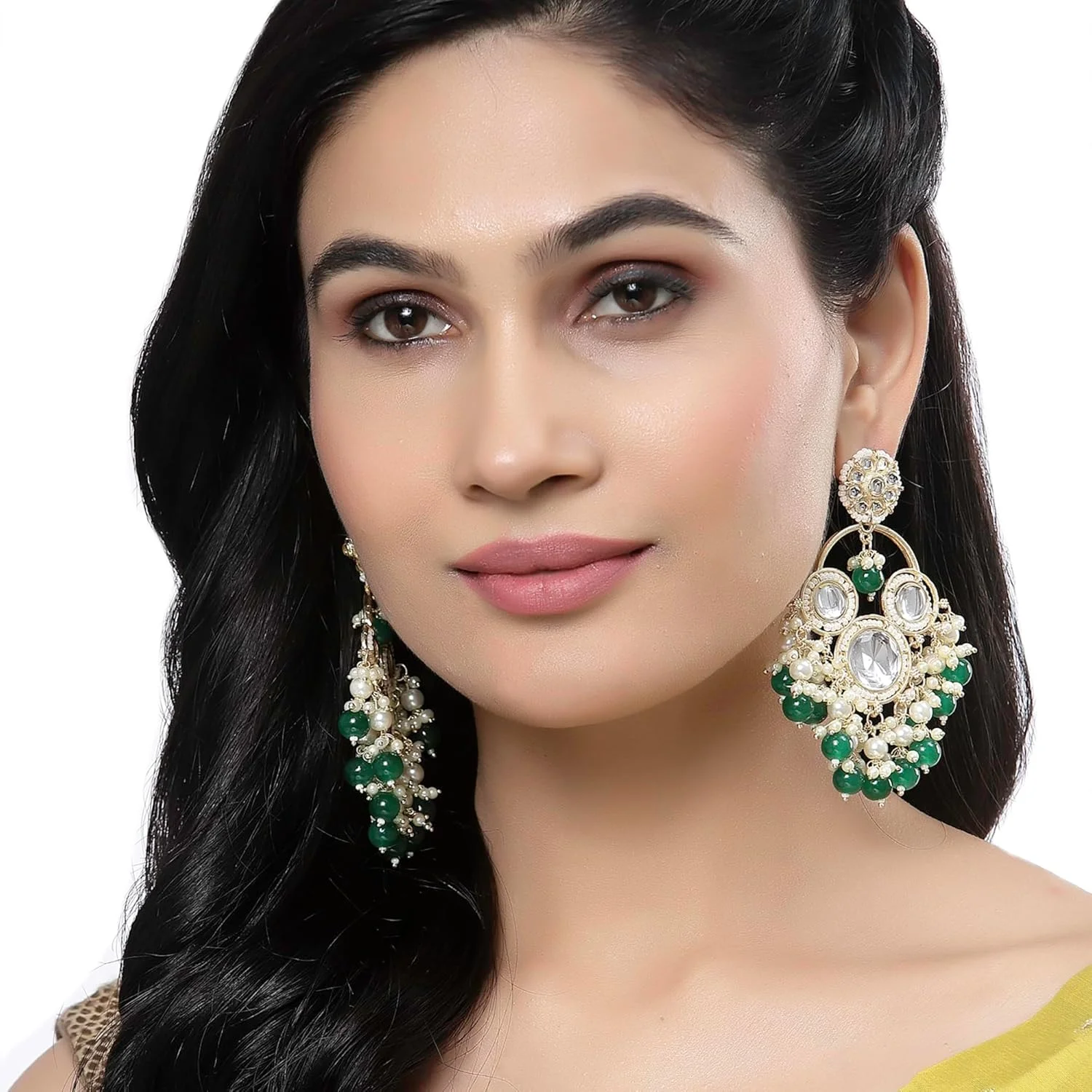 گوشواره های آویز منگوله دار طرح گل نگین کاری شده با نگین های Kundan و مروارید روکش طلایی ZENEME مناسب دختران و زنان