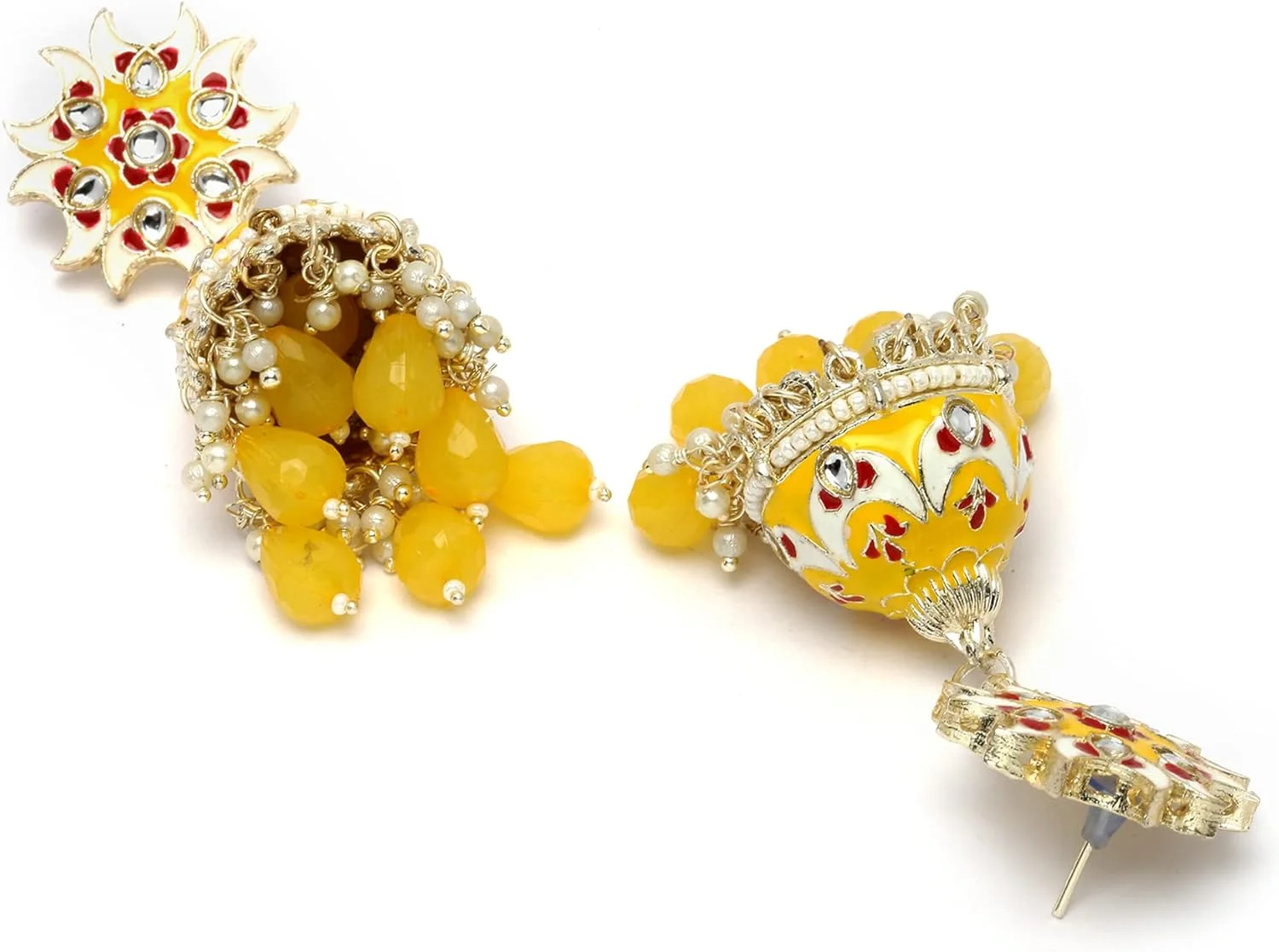 گوشواره های جومکا با روکش طلا، مزین به نگین های کندن و مروارید، طرح هلالی و نقاشی شده با دست