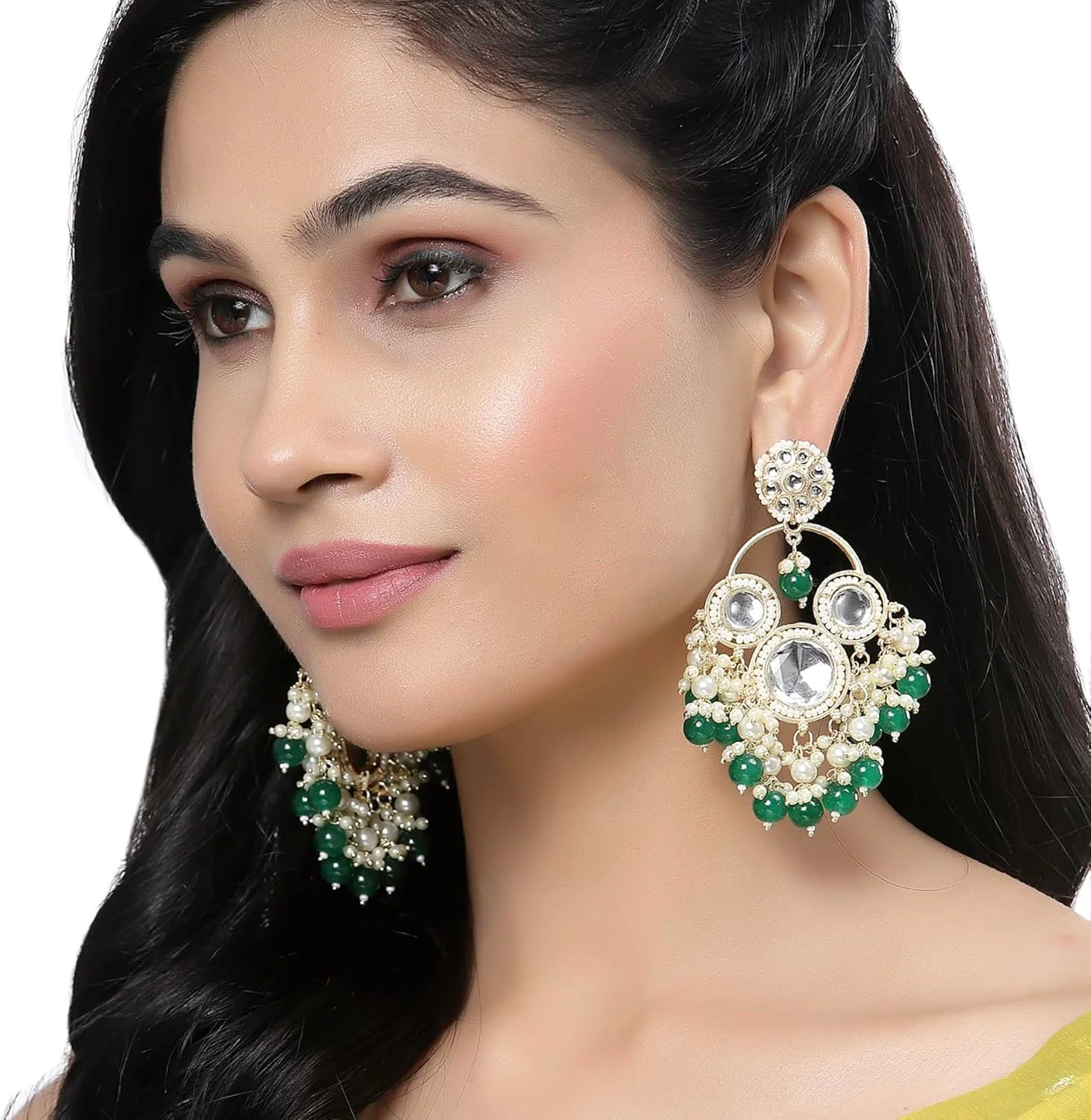 گوشواره های آویز منگوله دار طرح گل نگین کاری شده با نگین های Kundan و مروارید روکش طلایی ZENEME مناسب دختران و زنان