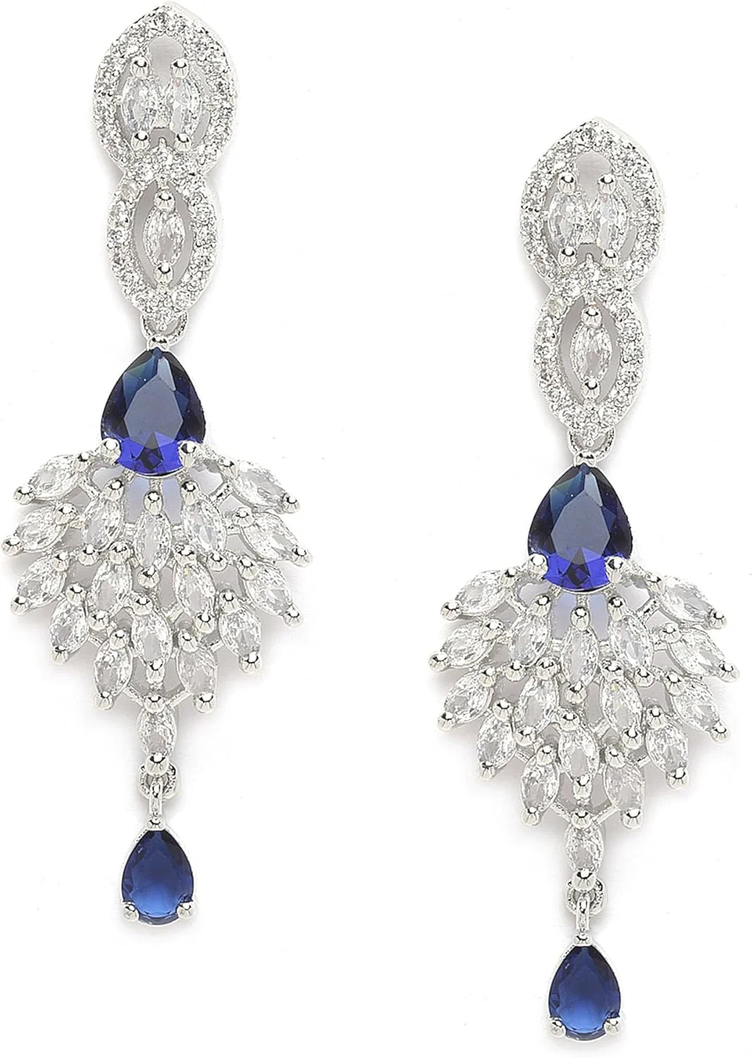 گوشواره های آویز طرح میخ نقره ای اکسید شده زنانه و دخترانه با نگین های اتمی آبی و سفید، بزرگ، نقره ای اکسید شده، نگین اتمی