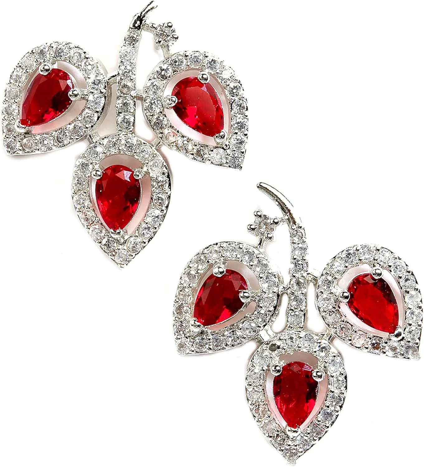 گوشواره میخی زنانه و دخترانه طرح برگ زنمه با روکش رودیوم و نگین اتمی (قرمز)، سایز آزاد، برنج، نگین اتمی