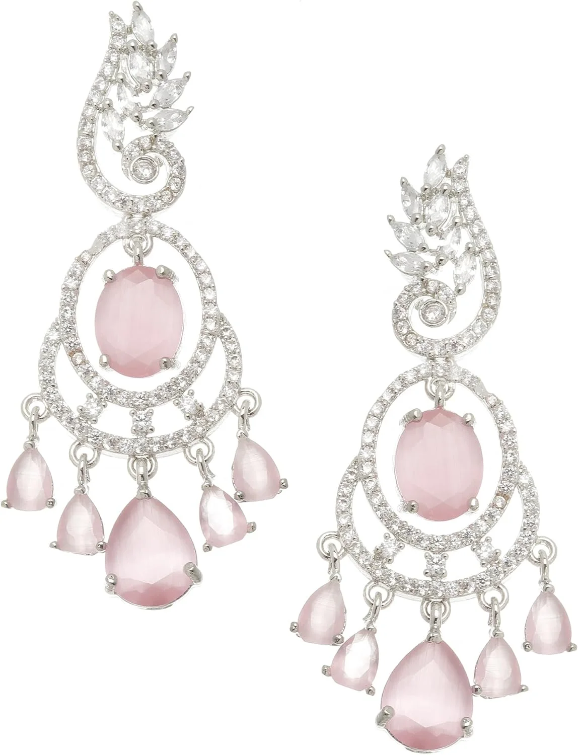 گوشواره های آویز بیضی و برگ شکل نگین دار با روکش رودیوم و الماس آمریکایی زنانه و دخترانه (صورتی)