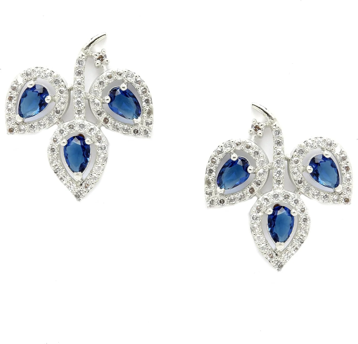 گوشواره میخی زنانه و دخترانه طرح برگ زنمه با روکش رودیوم و نگین الماس آمریکایی (آبی)، فری سایز، برنج، الماس آمریکایی