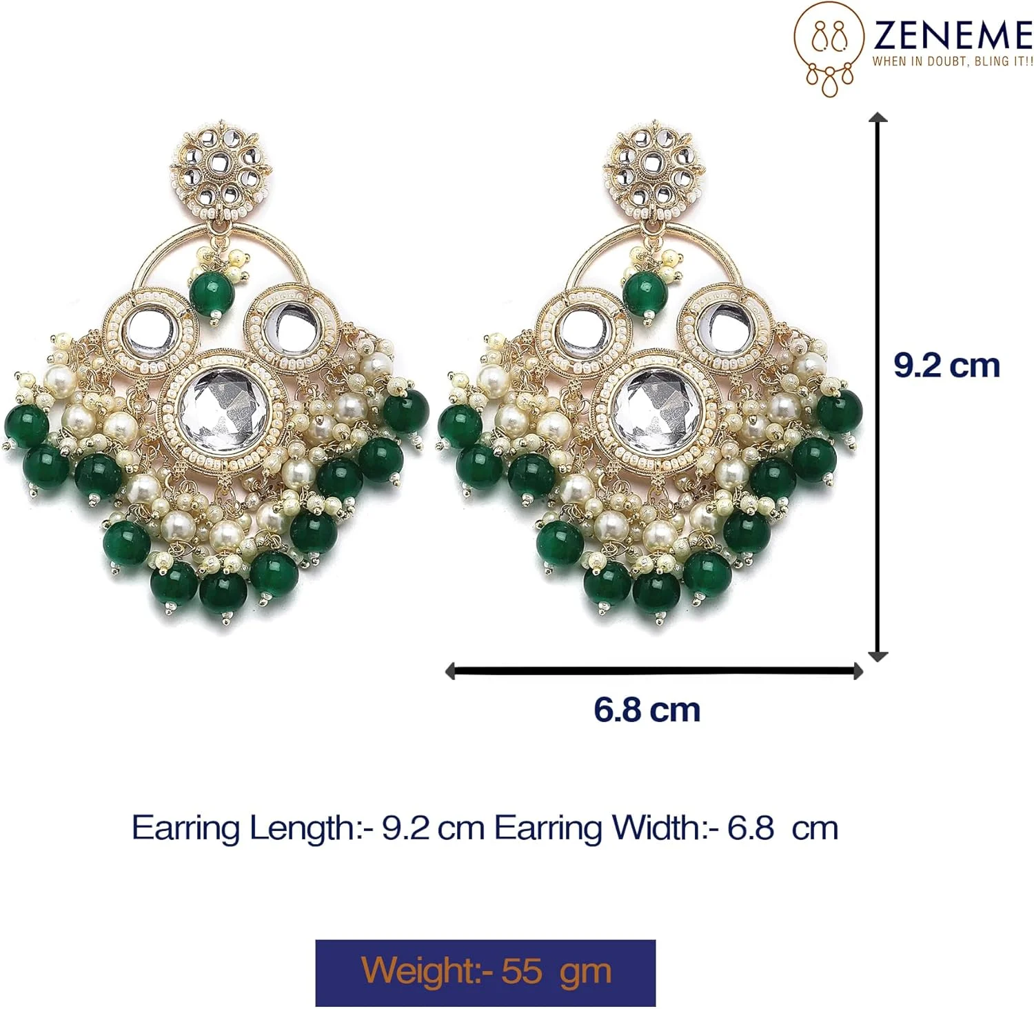 گوشواره های آویز منگوله دار طرح گل نگین کاری شده با نگین های Kundan و مروارید روکش طلایی ZENEME مناسب دختران و زنان