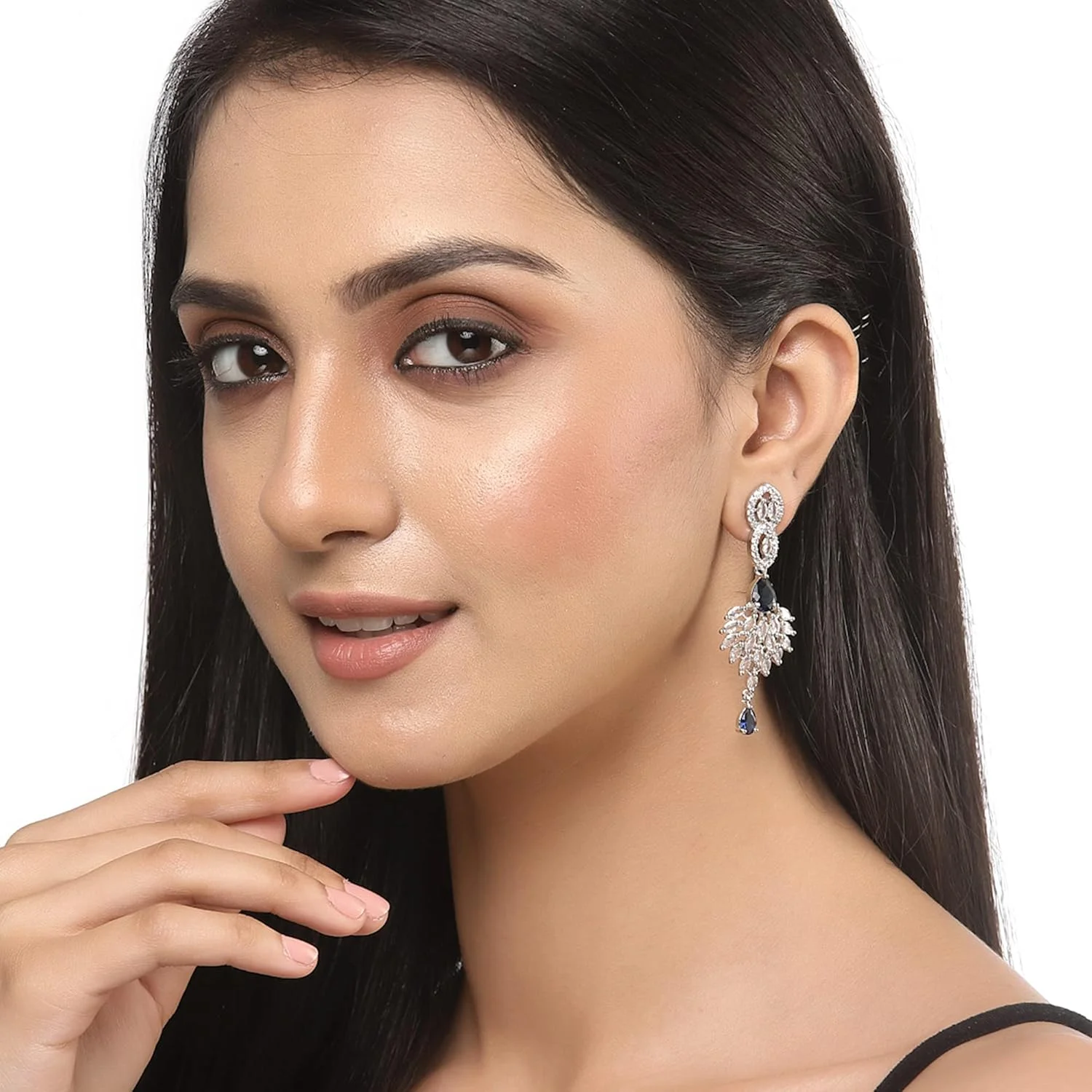 گوشواره های آویز طرح میخ نقره ای اکسید شده زنانه و دخترانه با نگین های اتمی آبی و سفید، بزرگ، نقره ای اکسید شده، نگین اتمی