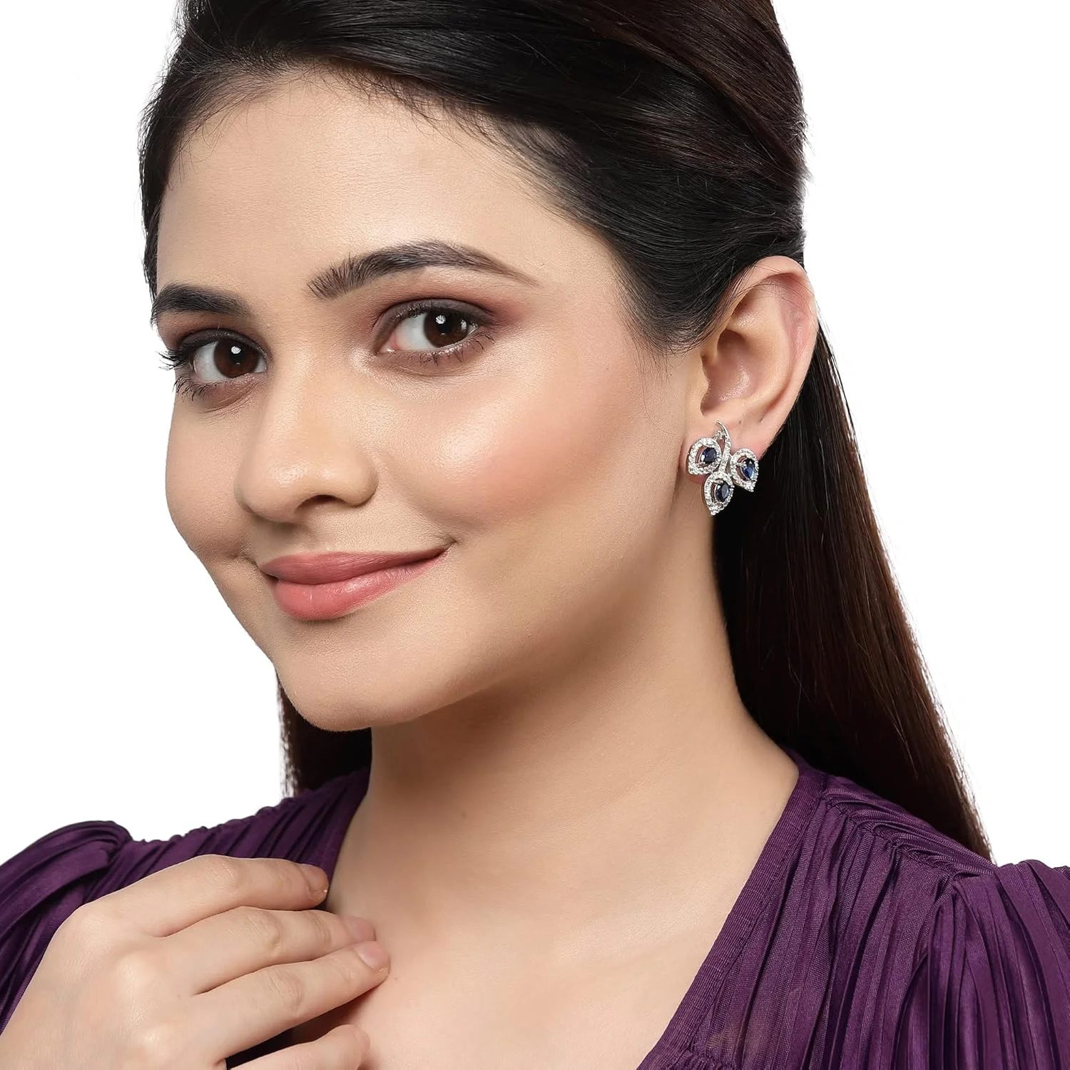 گوشواره میخی زنانه و دخترانه طرح برگ زنمه با روکش رودیوم و نگین الماس آمریکایی (آبی)، فری سایز، برنج، الماس آمریکایی