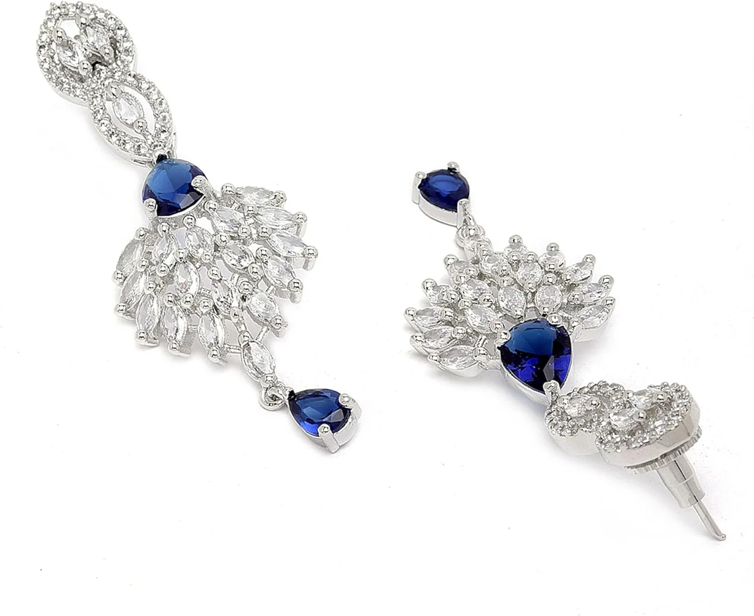 گوشواره های آویز طرح میخ نقره ای اکسید شده زنانه و دخترانه با نگین های اتمی آبی و سفید، بزرگ، نقره ای اکسید شده، نگین اتمی